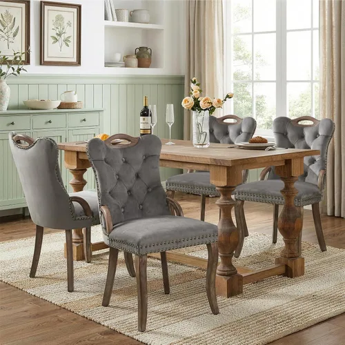 Vista 103 de SoarFlash Juego de 2 sillas de comedor de terciopelo, silla lateral de respaldo alto, silla lateral moderna tapizada de alta gama con botones Beige