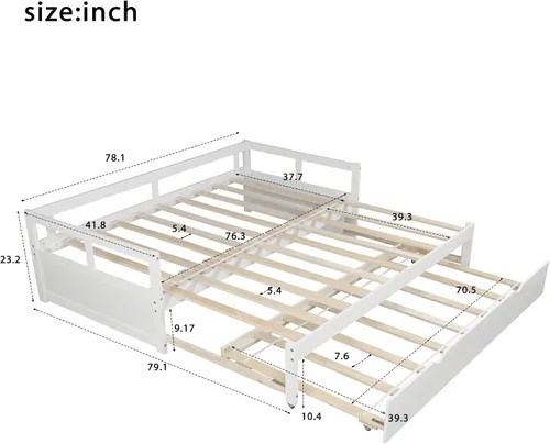 Vista 3 de SOFTSEA Sofá cama individual de madera con almacenamiento, sofá cama individual a King de madera maciza con nido, no necesita somier (blanco)