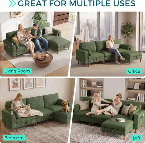 Vista 8 de LINSY HOME Sofá modular modular de 110 pulgadas con almacenamiento, sofá nube de 3 asientos con 1 otomana móvil y 2 almohadas, sofás seccionales