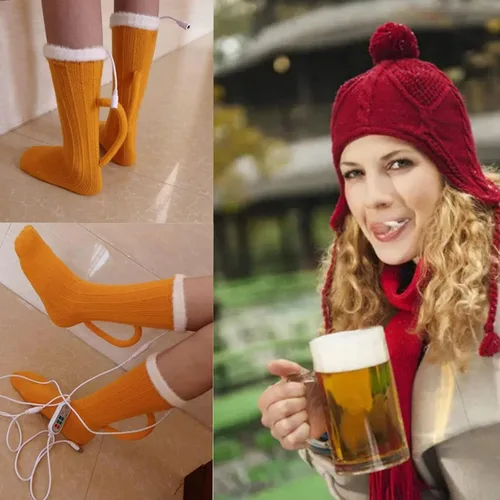 Vista 3 de Calcetines creativos para taza de cerveza, calcetines térmicos de punto amarillo, calcetines cálidos para hombres y mujeres, calcetines cálidos