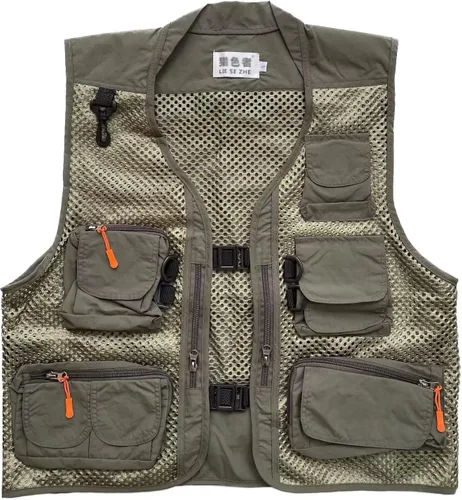 Vista 9 de Chaleco de malla transpirable con múltiples bolsillos para hombre, viajeros al aire libre, pesca con mosca, fotografía Negro