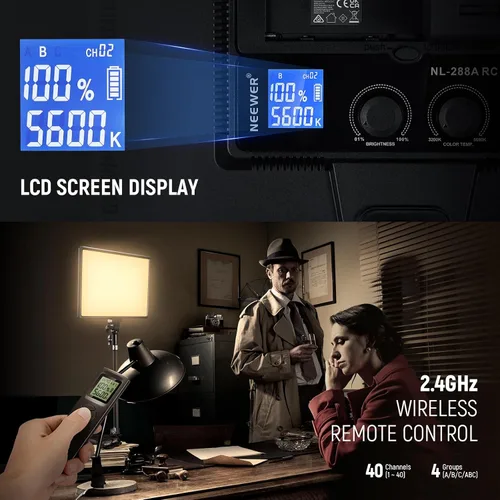 Vista 3 de Neewer Kit de iluminación LED de 18 pulgadas con panel de luz de video con control remoto, paquete de 2 unidades de 45 W regulable bicolor + soporte
