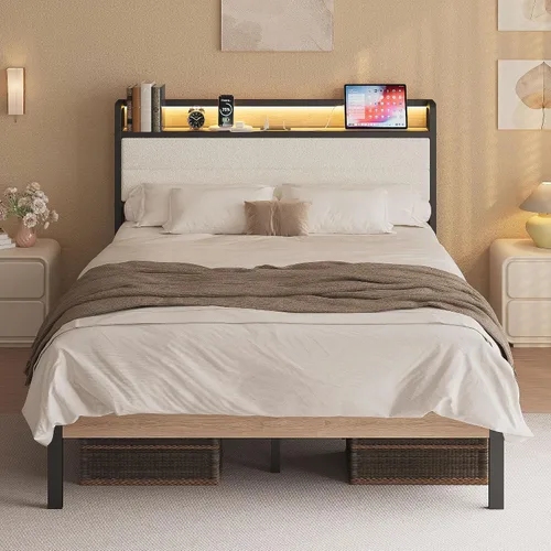Vista 11 de LIKIMIO - Base de cama Queen con cabecero, luces LED y estación de carga