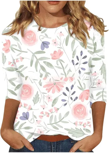 Vista 23 de Camisetas personalizadas para mujer, a la moda, casual, de séptima manga, estampada, cuello redondo, camiseta