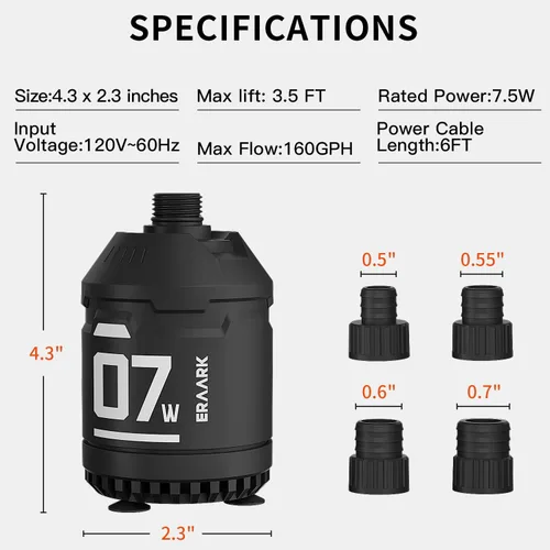 Vista 3 de ERAARK Bomba de agua sumergible de 160 GPH 7.5 W, bomba de fuente pequeña ultra silenciosa para acuarios, pecera, estanque, hidroponía