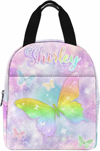 Vista 10 de InterestPrint Bolsa de almuerzo con nombre personalizado para hombres y mujeres, diseño de mariposa rosa y azul personalizada, caja de almuerzo