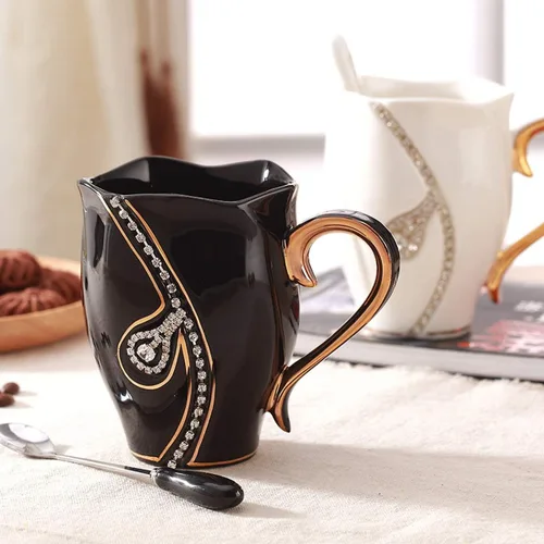 Vista 6 de Taza de café con diamantes de imitación, taza de agua de 14 onzas para oficina y hogar, taza de café única, bonitas tazas de café de cerámica