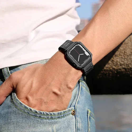 Vista 6 de Compatible con Apple Watch Banda y Estuche, Cadena de Metal de Acero Inoxidable con Cubierta de TPU, Correa de Pulsera de Eslabones