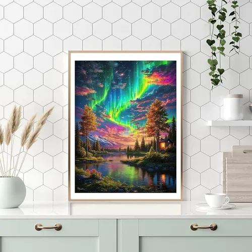 Vista 5 de HITO Kit de pintura de paisaje por números para adultos, Aurora para adultos, kits de pintura por números sobre lienzo para regalo, decoración