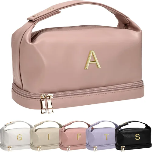 Vista 12 de Bolsa de maquillaje con asa, bolsa de cosméticos impermeable de doble capa, bolsas de maquillaje de cuero PU de gran capacidad con letra, bolsa