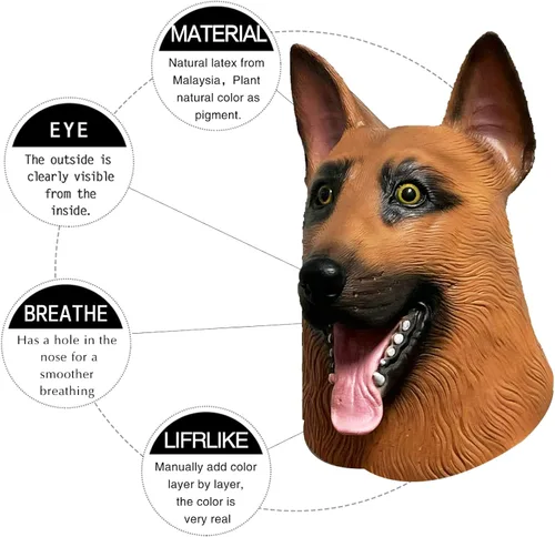 Vista 4 de MAKEATREE Máscara de cabeza de perro pastor alemán divertido animal de látex de goma accesorios de decoración para adultos hombres fiestas Halloween