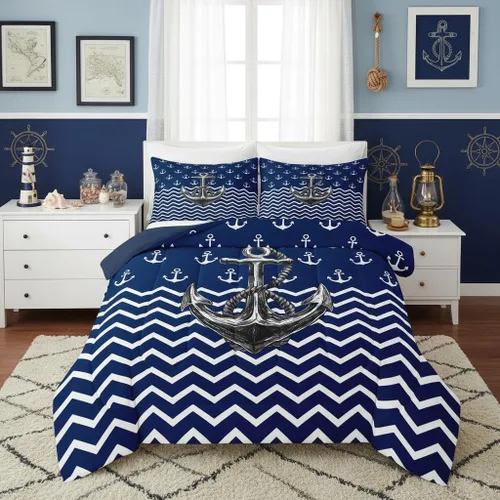 Vista 33 de Juego de edredón Lake House tamaño Twin, juego de ropa de cama náutica de navegación con ancla de 2 piezas para decoración de habitación de niños