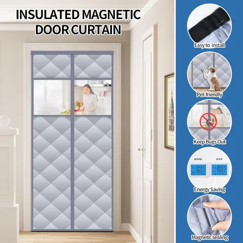 Vista 4 de Cortina de puerta magnética con aislamiento térmico con ventanas visibles desmontables, relleno de fibra de poliéster grueso y tela Oxford duradera