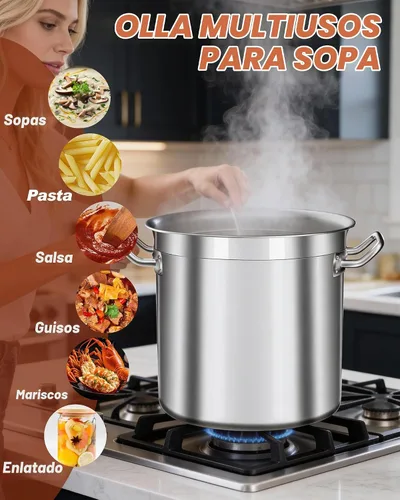 Vista 5 de Olla de 20 cuartos de galón - Olla de acero inoxidable con tapa – Olla de cocina resistente para sopa, guisado, pasta – Uso comercial y doméstico