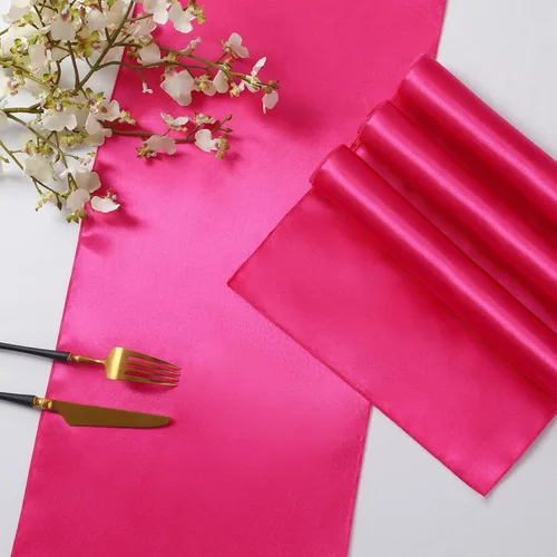 Vista 5 de Horbaunal Paquete de 12 caminos de mesa de satén rosa intenso de 12 x 108 pulgadas, caminos de mesa suaves para banquetes de boda, fiesta de Rosa Hot