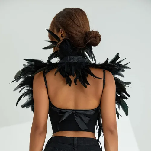 Vista 5 de TRURENDI Disfraz de capa de plumas naturales para mujer, chal gótico, cuello de encogimiento, capa de plumas para Halloween, disfraces de maléfica