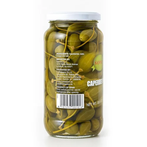 Vista 3 de Sanniti Caperberries españolas (Bayas de alcaparra) en vinagre y salmuera de sal - 33.5 oz