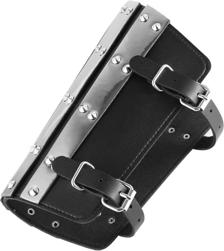 Vista 4 de HZMAN Protectores de brazo de cuero sintético para adultos, brazaletes medievales estilo armadura de metal, talla única, par de brazaletes de cuero