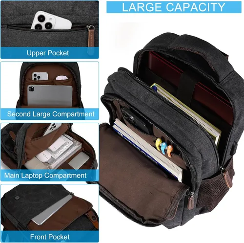 Vista 3 de Mochila de lona para laptop con puerto de carga USB, mochila vintage para hombres y mujeres, mochila negra de viaje para trabajo, mochila Negro
