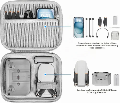 Vista 3 de Estuche de transporte para DJI Mini 4K/Mini 2 SE, bolsa de almacenamiento rígida 5 en 1, incluye 1 par de balancines, protector de joystick, soporte