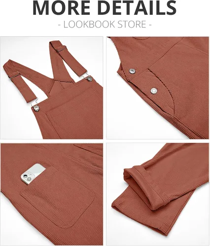 Vista 7 de LookbookStore Overol de pana para mujer, con tirantes ajustables, overol de moda con bolsillo