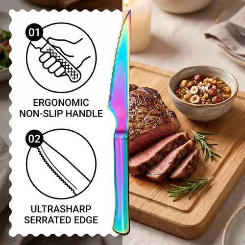 Vista 7 de Paquete de 6 cuchillos de carne de acero inoxidable arcoíris, iridiscentes dentados afilados para mesa de cocina