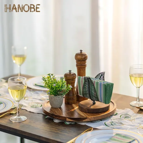 Vista 2 de Hanobe Bandeja de madera Lazy Susan: mesa giratoria redonda de madera de acacia bandejas decorativas para mesa de centro de mesa de centro de mesa