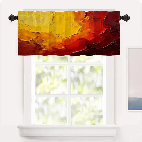 Vista 101 de Shrahala Beige and Orange Abstract Art Brushstrokes Blackout Curtain Tiers, Abstract Oil Paint Kitchen Valance Light Blocking Tier Drapes with Rod