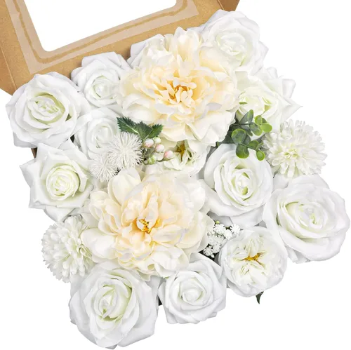 Vista 10 de AmyHomie - Juego de flores artificiales azules, mezcla de seda, peonía, rosa, hortensia, flores falsas con tallo para bricolaje, ramos de boda