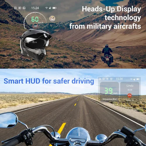 Vista 8 de Casco de Motocicleta E6+ HUD, Pantalla de Visualización Frontal, Bluetooth, GPS, CarPlay, Android Auto, Intercomunicador de Malla, Cámara de Visión