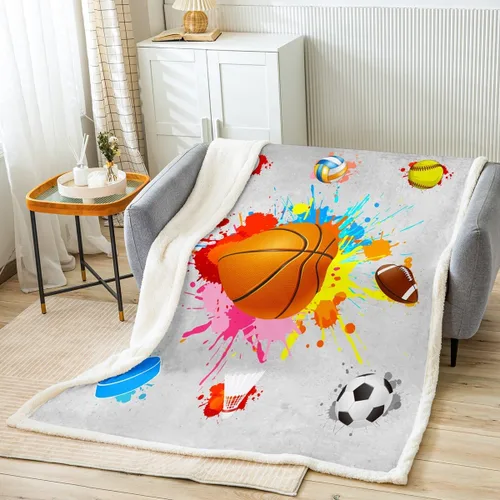 Vista 11 de Manfei Manta de baloncesto de fútbol, béisbol, hockey, voleibol, manta para niños y niños, manta deportiva negra para sofá, manta de forro polar