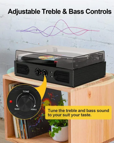 Vista 3 de Tocadiscos con altavoces integrados, control de agudos y graves, 33, 45, 78 RPM, reproductor LP impulsado por correa, tocadiscos de vinilo Bluetooth