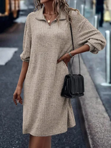 Vista 2 de Vodikar Women's Ribbed Knit Shift Midi Dress Fleece Quarter Zip Polo Neck Long Sleeve 2023 Fall Fashion Knitted Dresses