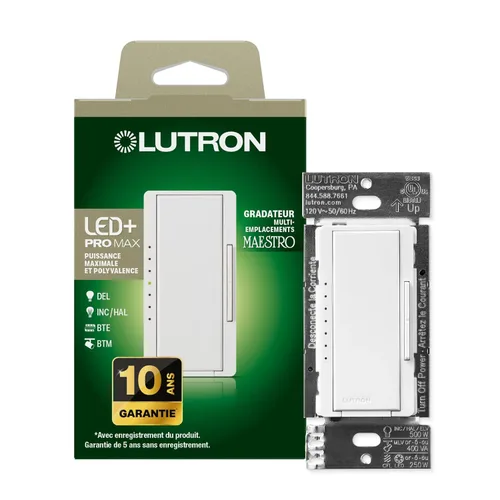 Vista 17 de Lutron Maestro LED+ Interruptor regulador de intensidad para bombillas LED regulables, halógenas e incandescentes, 150W/150W/unipolar o Almendra