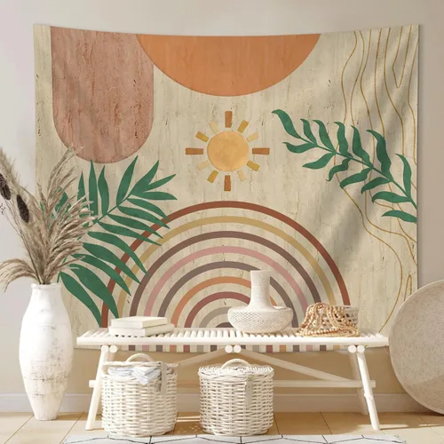 Vista 3 de SUOTEMEIFEI Tapiz de arte bohemio con plantas, tapiz retro con plantas, puesta de sol, paisaje, estético, abstracto, para pared, dormitorio, sala