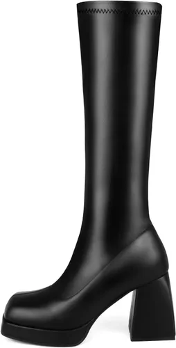 Vista 2 de STALOV Botas Gogo de plataforma para mujer, punta cuadrada, tacón grueso, apiladas, botas altas hasta la rodilla