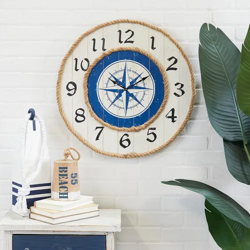 Vista 2 de Deco 79 Reloj de pared con brújula de madera con detalles de cuerda, 24 x 2 x 24 pulgadas, azul