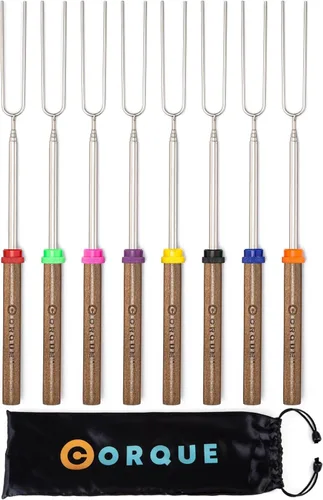 Vista 10 de CORQUE Palitos para Asar Malvaviscos, Palitos para S'mores, Extensibles, Pincho de Campamento para Fogata, Mango de Madera, Metal de 32 Pulgadas