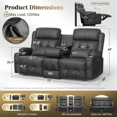 Vista 55 de Sofá de Dos Plazas Reclinable, Sofá Reclinable de Masaje con Gran Capacidad de Peso, Silla de Dos Plazas para RV en Liquidación con Consola, USB