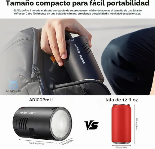 Vista 9 de Godox AD100ProII 100Ws Flash de bolsillo portátil de estudio, compatible con Canon Nikon Sony, batería de 2600mAh 360 destellos 1/8000s HSS TTL