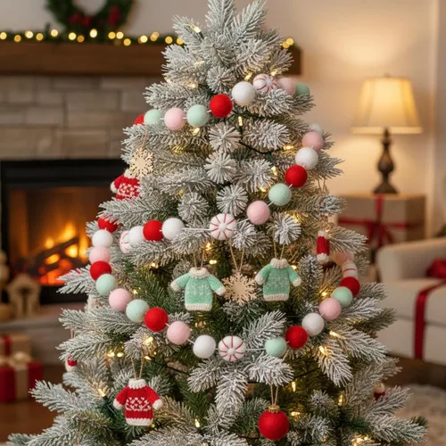 Vista 4 de Guirnalda de bolas de fieltro de Navidad, guirnalda de pompones de 11.8 pies de largo, 32 bolas, 8 guirnaldas de caramelo de menta, guirnalda
