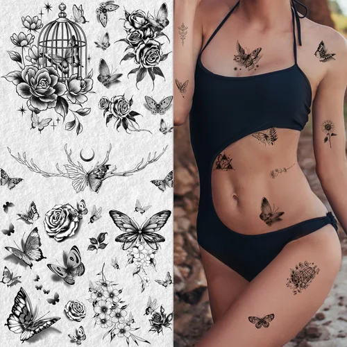 Vista 2 de Cerlaza 20 hojas de tatuajes temporales de mariposa negra para mujeres adultas, 120 estilos de mariposas pequeñas, tatuajes falsos impermeables