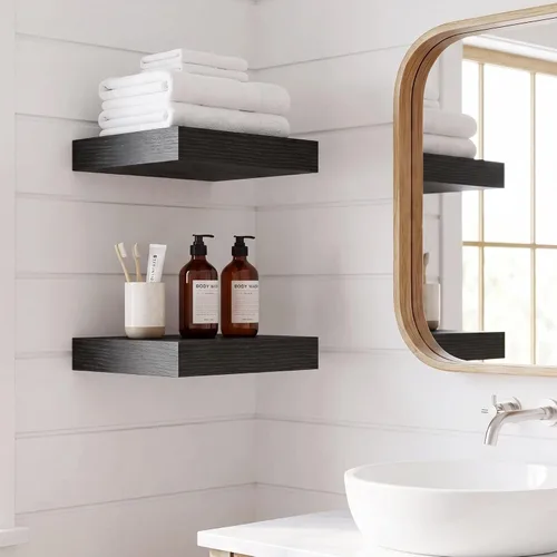 Vista 2 de Marsmiles 9.3 Inch Floating Shelves for Wall 2 Pack, 9.3" D Wood Grain Bathroom Shelves Black Finish