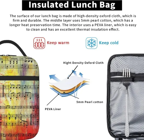 Vista 5 de Bolsa de almuerzo impresa con nota musical vintage con bolsillo lateral, bolsa suave aislada, bolsa térmica para picnic de trabajo