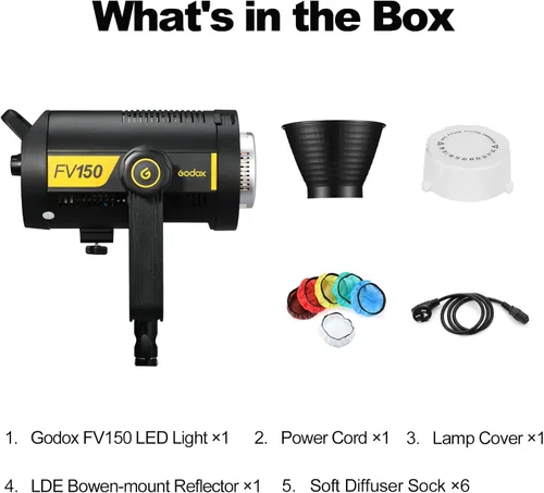 Vista 9 de Godox FV150 - Luz LED flash de 150 W 2.4G, sincronización de alta velocidad 1/8000s, CRI96+, TCLI 96+, 12000LUX, 5600 K ± 200 K, 8 modos de efectos