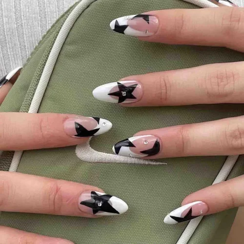 Vista 11 de Uñas postizas de almendra medianas MABKJLF con punta francesa, uñas falsas 3D con diseños de pedrería de flores de fresa, uñas pegajosas brillantes 1