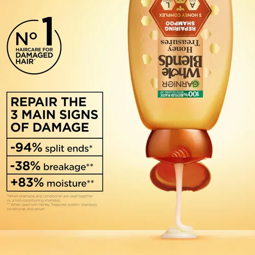 Vista 3 de Garnier Whole Blends Honey Treasures Champú reparador, para cabello seco y dañado, 22 onzas líquidas, 2 unidades (el embalaje puede variar)