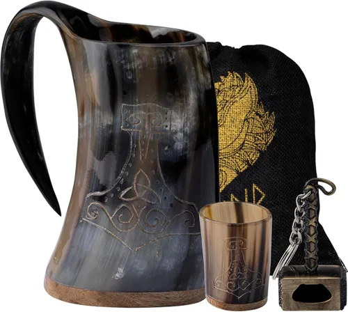 Vista 12 de FENRIR Taza de cuerno vikingo de 16 onzas con vaso de chupito, regalos vikingos para hombres y mujeres, abridor de botellas, jarra de cuerno de buey