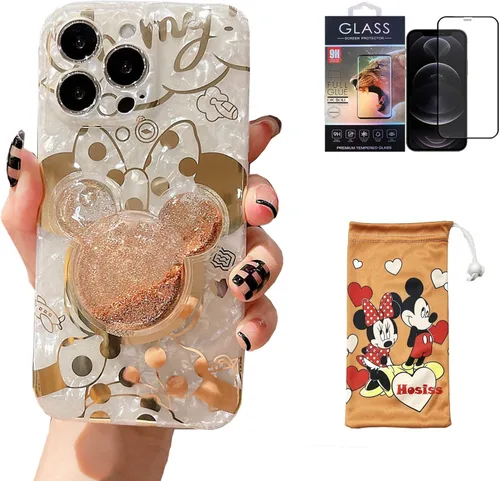Vista 8 de Funda de dibujos animados para iPhone XR 6.1'' con protector de pantalla HD, Mickey Mouse con soporte para teléfono celular de arena movediza