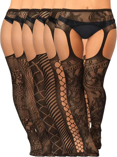 Vista 12 de Skylety 6 pares de medias de red para mujer, medias altas hasta el muslo, medias con tirantes para mujeres y niñas